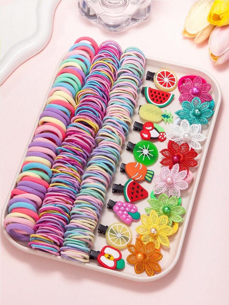 248入組鮮豔可愛的水果髮夾和甜美花朵頭箍，高彈性髮帶適用於辮子，少女可愛髮飾組合套裝 - 彩色 - 查看 1