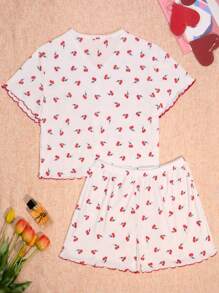 1set Women's Cute And Cozy Digital Cherry Printed Pajama Set With Shorts White Set