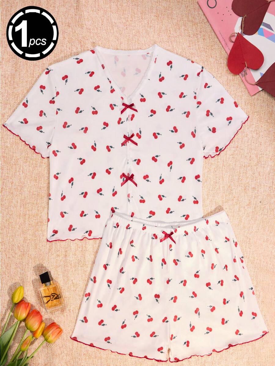 1set Women's Cute And Cozy Digital Cherry Printed Pajama Set With Shorts White Set