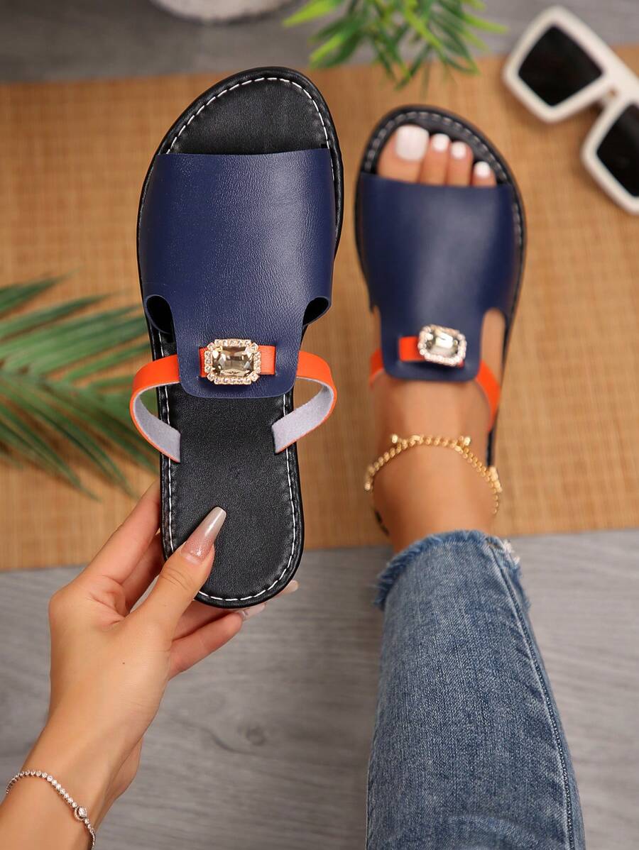 Women's Fashion Casual Color Block Rhinestone Embellished Outdoor Sandals, Beach Flip Flops