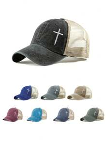 1pc Side Cross Embroidery Washed Mesh Baseball Cap, Adjustable Trucker Hat For Outdoor, Travel, Beach, Suitable For Spring/Autumn, Unisex Y2K Style Sun Hat - Baseball Cap - View 12