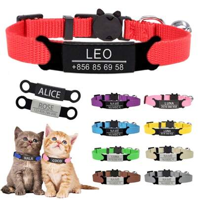 Personalized Solid Color Cat Collar With Engraved Name Or Message, Laser Engraved, Adjustable Size With Buckle, For Small Dogs And Cats