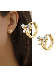 1對可愛少女風格蝴蝶結耳環，百搭日常耳針 - 金色 - 查看 2