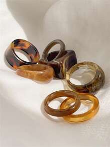 CHOSHILAR 7pcs/Set Asymmetrical Wide Transparent Dyeing Thick Circle Ring Set, Marble Printed Round Finger Ring, Wide Asymmetrical Open Ring (Due To The Hand-Dyeing Process, Each Ring Has A Unique Pattern And Some Color Differences) - 7-piece Vintage Ring Set - View 7