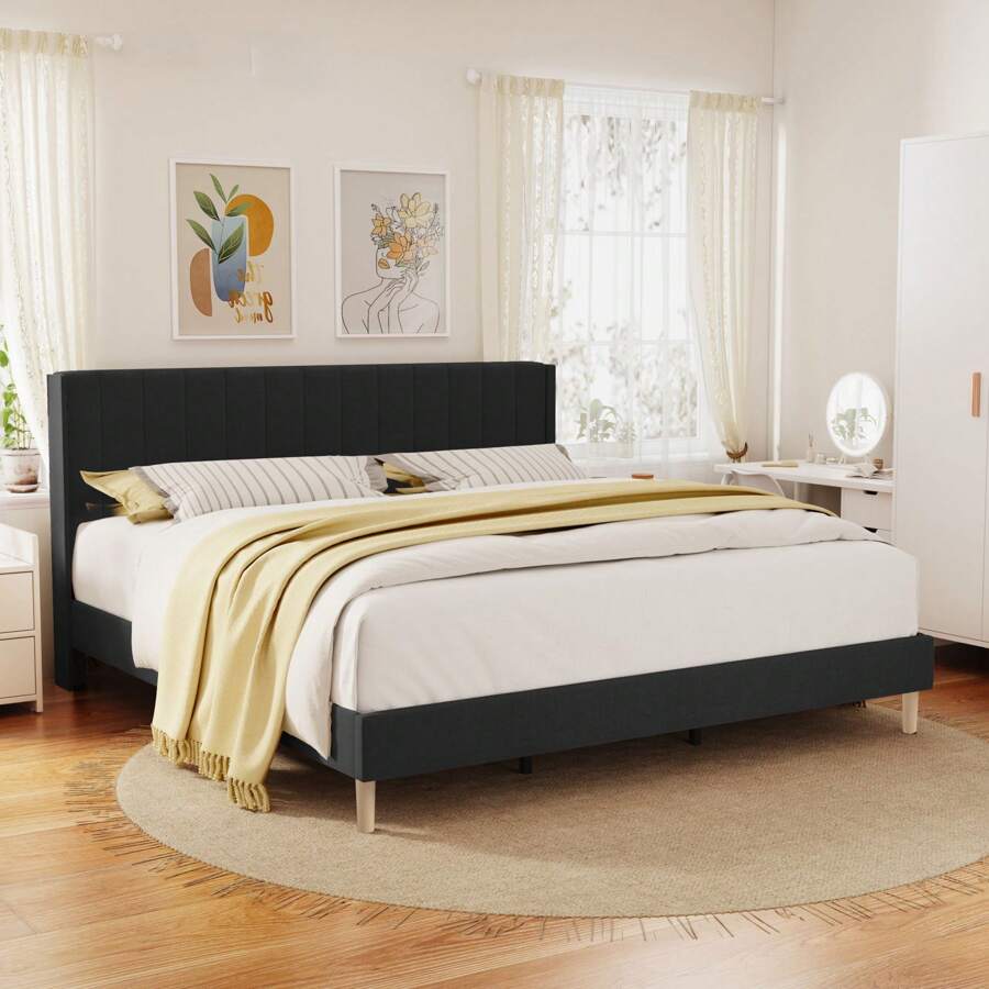 Khung giường bọc nệm có đầu giường, Nền nệm, Thanh đỡ bằng gỗ chắc chắn, Không cần lò xo hộp - màu đen - Xem 1