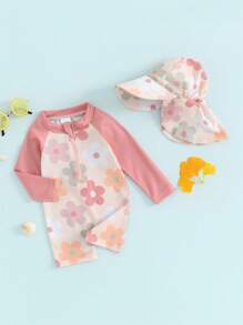 Ensemble de 2 pièces de maillots de bain pour bébé fille avec motif de coquillage, un rashguard à manches longues et un chapeau de soleil à larges bords pour la plage