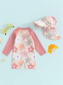 Ensemble de 2 pièces de maillots de bain pour bébé fille avec motif de coquillage, un rashguard à manches longues et un chapeau de soleil à larges bords pour la plage