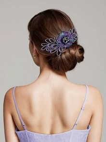 1入優雅紫色水晶花網髮夾，時尚手工珠寶髮飾，輕奢飾品，婚禮、宴會、生日、伴娘禮物、日常穿搭髮冠配飾 - 紫色 - 查看 4