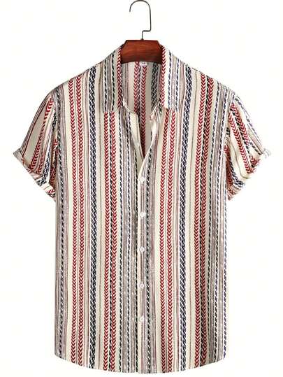 Men's Striped Print Soft & Comfortable Short Sleeve Casual Vacation Shirt