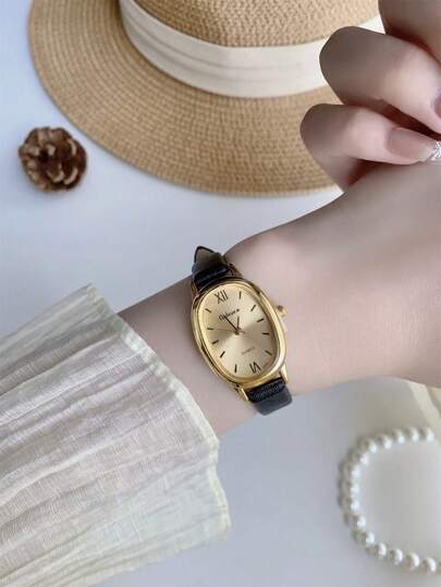 1 pièce Montre pour femme de forme ovale, à la mode et polyvalente, avec cadran doré, convient pour un port quotidien/une fête/en cadeau pour les étudiants retournant à l'école