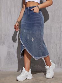 Gonna midi in denim da donna con elegante frangia e finitura lavata alla moda