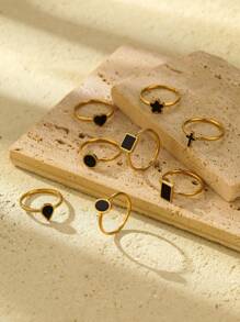 1入金黃色不鏽鋼，時尚簡約，8種不同形狀和風格的黑色油滴圓環，適合日常佩戴或送禮 - 金黃色 - 查看 2