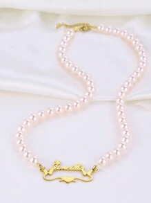 Custom Name Colorful Pearl Necklace, Fashionable European And American Style Bohemian Charm Pearl Collarbone Chain Necklace For Women, Stainless Steel Gold Heart, Butterfly, And Letter Couple Pendant Summer Beach Jewelry, Anniversary Gift, Christmas Gift For Girlfriend Or Couple - Gold-pink Pearl - View 10