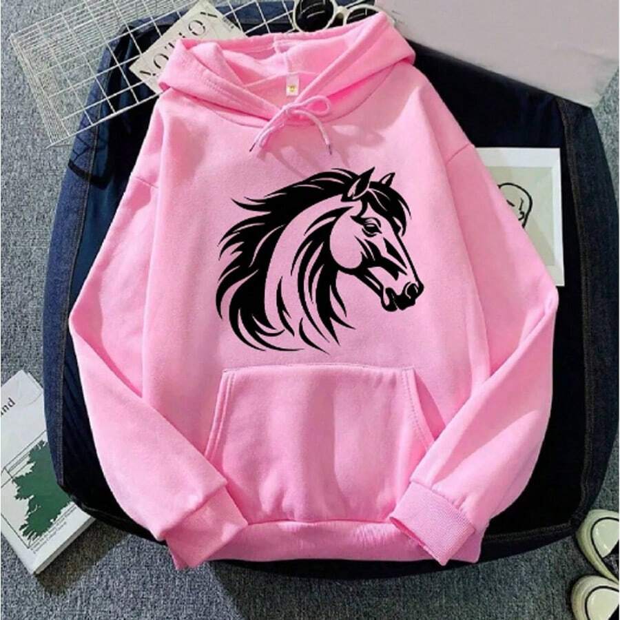 Unisex Sweatshirt Horses Casual Winter - Màu Hồng baby - Xem 1