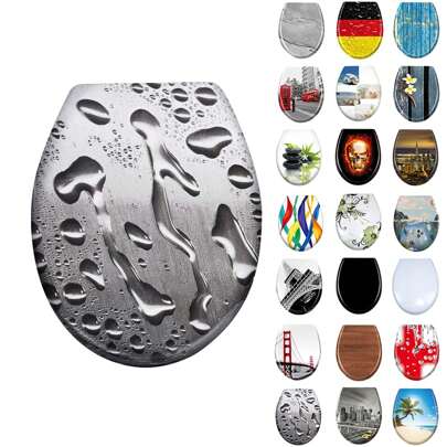 LILIIN 45 X 38cm Water Pattern Toilet Lid WC Seat With Soft Close Made Of Duroplast And Stainless Steel, Antistatic, Antibacterial, Easy To Clean, Removable For Most Toilet Lids, Wall-Mounted WC