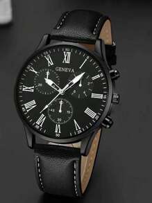 1 pièce Montre-bracelet à quartz étudiant genevoise décontractée pour garçons + 1 pièce Portefeuille noir haut de gamme et porte-cartes + 1 pièce Ensemble de stylo noir élégant, ensemble cadeau de saison de remise de diplôme pour garçons