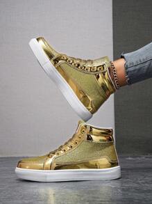 （尺码偏小）女士时尚金属亮片高帮系带休闲运动鞋，个性化百搭舞鞋，舒适情侣运动鞋，金色 - 金色 - 查看 11