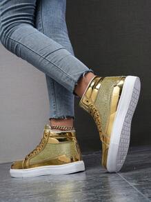 （尺码偏小）女士时尚金属亮片高帮系带休闲运动鞋，个性化百搭舞鞋，舒适情侣运动鞋，金色 - 金色 - 查看 8