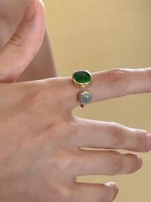1/6pcs Fashionable Vintage Luxury Niche Design Ins Style High-Quality Diamond & Emerald Adjustable Open Ring, Suitable For Women's Daily Wear, Evening Gala, Photo Shoots, Great Gift For Family & Friends