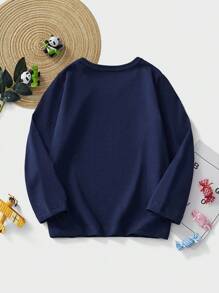 年轻男孩长袖 T 恤，卡通汽车印花，透气时尚秋季时尚 - 寶藍色 - 查看 2