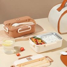 304 Stainless Steel Insulated Lunch Box Office Worker Student Two-Compartment Lunch Box With Fork Double-Compartment Lunch Box 900ml School Supplies,Back To School - Multicolor - View 1