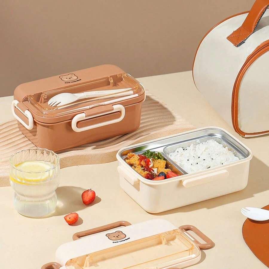 304 Stainless Steel Insulated Lunch Box Office Worker Student Two-Compartment Lunch Box With Fork Double-Compartment Lunch Box 900ml School Supplies,Back To School - Multicolor - View 1