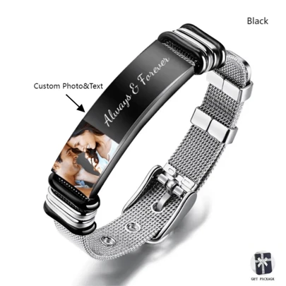 Custom Photo And Engraved Stainless Steel Bracelet Gift For Couples Black,Silver Stylish,Fall Fashion,Vintage,Contracted,Simple Custom,Personalized,Unique Ideal Gifts For Him Boyfriend,Dad,Family,Friends,Son,Grandparents For Anniversaries,For Valentine's Day,For Birthdays,For Father's Day,For Graduation,For Daily Wear,For Prom Valentines,School Supplies,Back To School,For Office,For School,For Classroom,For Teacher Gifts,For University,For Colleague,For Dorm Rooms,For Teacher,For Boys And Girls,For Teenagers,Junior High School Students,Middle School Students,High School Senior High School Students,College Students,University Students,Freshman,Sophomore,Underclassmen, Mothers Day Gift