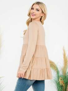 Solid Long Sleeve Tiered Top - TAUPE - View 2