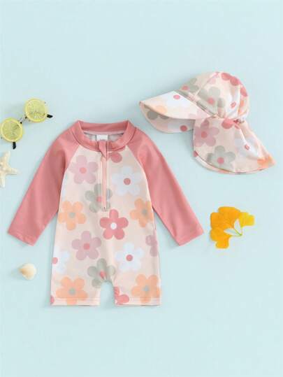 Set de traje de baño de 2 piezas para niña con impresión de conchas marinas, camiseta de manga larga con protección solar y sombrero de ala ancha, ropa de playa