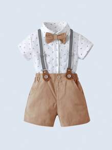 BOARNSEORL 2 件套男婴绅士服装套装：短袖领衬衫配领结和工装短裤，时尚适合生日派对、婚礼、夏季 - 卡其色 - 查看 3