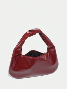 1 Stück Retro weinrote glänzende Lackleder Damen Handtasche mit Armgelenk-Knotenwebdesign und Reißverschluss, geeignet für den Alltag, Arbeit und Reisen, mondförmige Damentasche, modische burgunderrote Tasche, retro inspirierte Tasche für Frauen