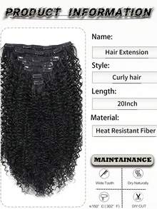 20 Inch Black Seven-Piece Set 16 Card Small Curly Hair Extensions Curly Hair Extensions Invisible Traceless Water Ripple Hair Extensions - Black - View 5