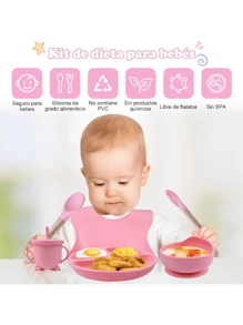 Juego de Platos y Cubiertos para Bebé de Silicona, Set de 8 Piezas Libres de BPA, Babero, Plato, Tazon y Cubiertos, Seguros y Resistentes, juego de vajilla para niños - Rosa - Ver 7