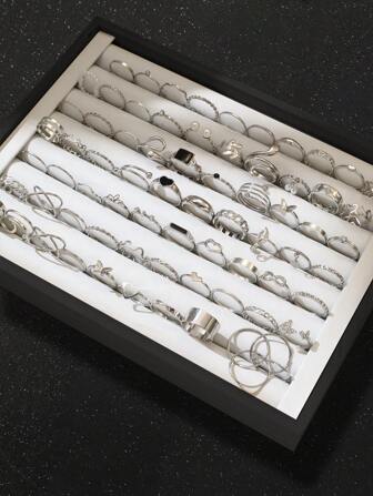 69-64 件时尚、简约、优雅设计的戒指套装，带有心形、蝴蝶、树叶、花朵、水钻、人造珍珠、蛇、油滴、几何、扭曲、波浪、宽带、多层和金属元素。适合各种场合，如节日、假期、派对、约会、日常穿着等。（不含盒子）情人节