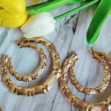 Exaggerated Gold Large Hoop Street Dance Earrings, Bamboo Rattan Earrings - Gold - View 5