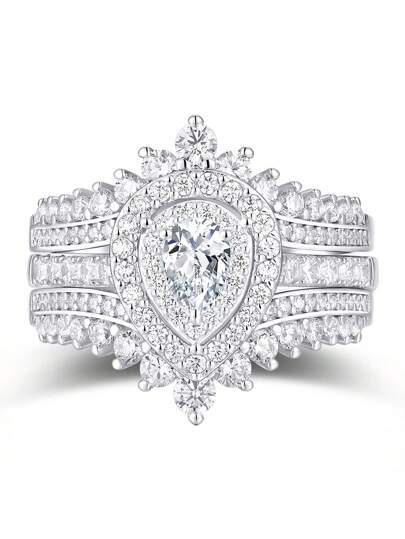 AIHUASI طقم خواتم زفاف نسائية رائعة من الفضة الإسترلينية 925 عيار ، 2 قطعة ، مرصع بالزركون الكوبيك عالي الجودة بحجم 4*6مم ، هدية مجوهرات راقية فاخرة