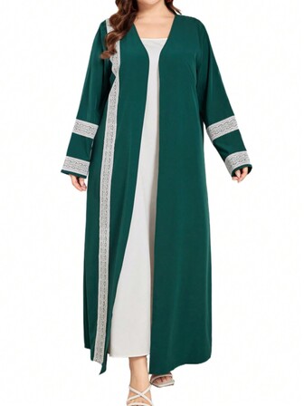 大尺碼休閒長款蕾絲拼接色塊外套，夏季