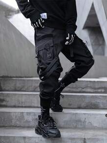 Men's Black Paratrooper Multi Pockets Pants Techwear Streetwear Polyester Blend Strapped Joggers - 黑色 - 查看 8