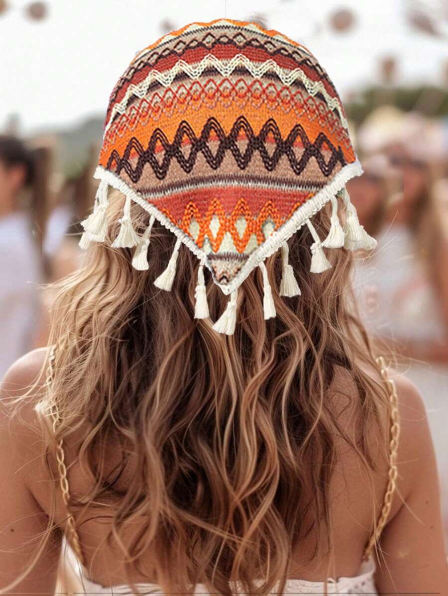 1pc Bohemian-Style Orange Tassel Bandana Headband Hair Scarf, School Stuff, College Fall Winter Hair Band Hair Accessories For Women For Vacation Outfits Woman - Orange - View 1