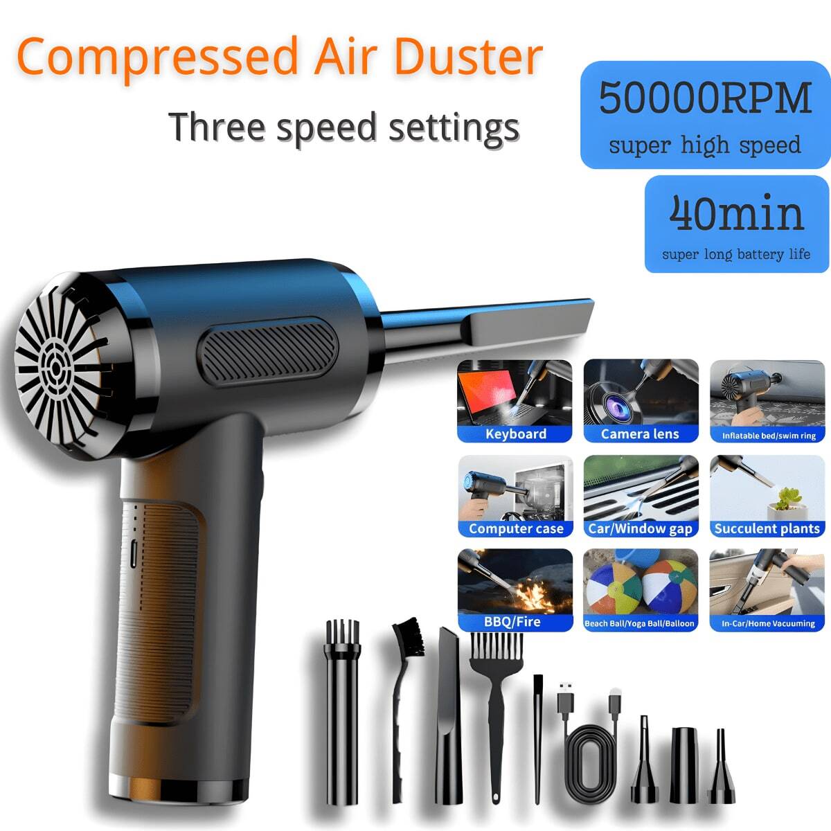 Compressed Air Duster, 50,000 PRM Electric Canned Air Can Kit, Cordless