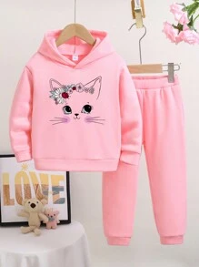 Cô Gái Trẻ Ấm áp Hoodie Và Quần thể thao  Bộ Với Mô hình Cartoon In - Hồng - Xem 1