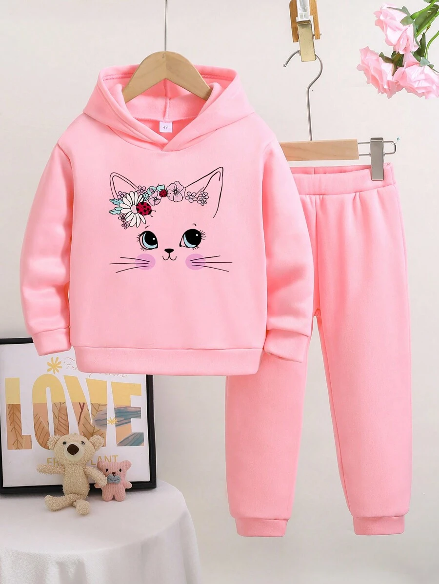 Cô Gái Trẻ Ấm áp Hoodie Và Quần thể thao  Bộ Với Mô hình Cartoon In - Hồng - Xem 1