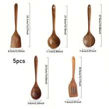 AIUHI 5pcs Wooden Cooking Spoon Set Wok Turners Natural Wooden Utensil Kitchen Spatula Set Skimmer Spoon Wood Turner Cutlery Set Wooden Spatula Soup Spoons