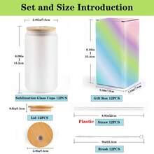 12Pack Sublimation Frosted/ Clear Glass Cups With Bamboo Lid 16oz Glasses Tumbler With Plastic Straw And Brush - 磨砂 - 查看 2