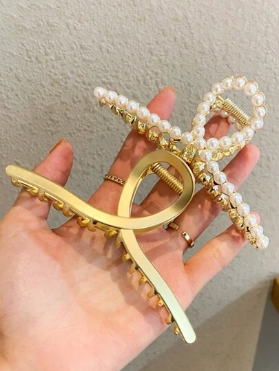 Pinza para el cabello de mujer con perlas falsas doradas, pasador de metal de alta gama con forma de "Uno" (11cm/4.33in), de moda, versátil, elegante, simple y minimalista, accesorio para el cabello de color liso adecuado para uso diario, fiestas casuales, ir al trabajo o de vacaciones, se puede usar al lavarse la cara, ducharse, maquillarse, recogerse el cabello, combinar con ropa y accesorios de moda. Pasador de pelo, pinza de pelo, accesorio para el cabello para mujer para looks de verano e invierno.