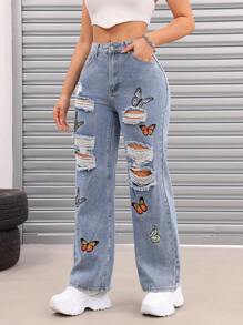 Calça Jeans com Perna Reta e Boca Larga com Estampa Floral Desgastada para Mulheres - Lavagem Média - Ver 4
