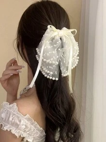 1 buc agrafă de păr cu panglică decorată cu perle artificiale, cu mai multe straturi, cu fundă, elegantă și grațioasă pentru femei, potrivită pentru purtare zilnică, timp liber, petreceri și alte ocazii de Ziua Îndrăgostiților, gheare de păr pentru Ziua Îndrăgostiților, agrafe pentru gheare, agrafe de păr, agrafă de păr cu maxilar, cleme de păr, agrafă de păr, prinzătoare de păr