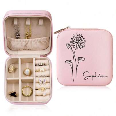 1PC 12 Months Line Art Flowers, Personalized Jewelry Box With Mirror, Initials, Custom Name PU Square Jewelry Box Gift, Travel Leather Ring Box, Customized Jewelry Storage Box, Women's Mother's Day Gift, Best Friend, Mother, Grandma, Girlfriend's Gift, 12 Months Line Art Flowers, Space-Saving, Multi-Functional Exquisite, Stylish, High-Quality,Souvenirs,Reusable,Adorable,High-Quality,Elegant Living,Artful Living