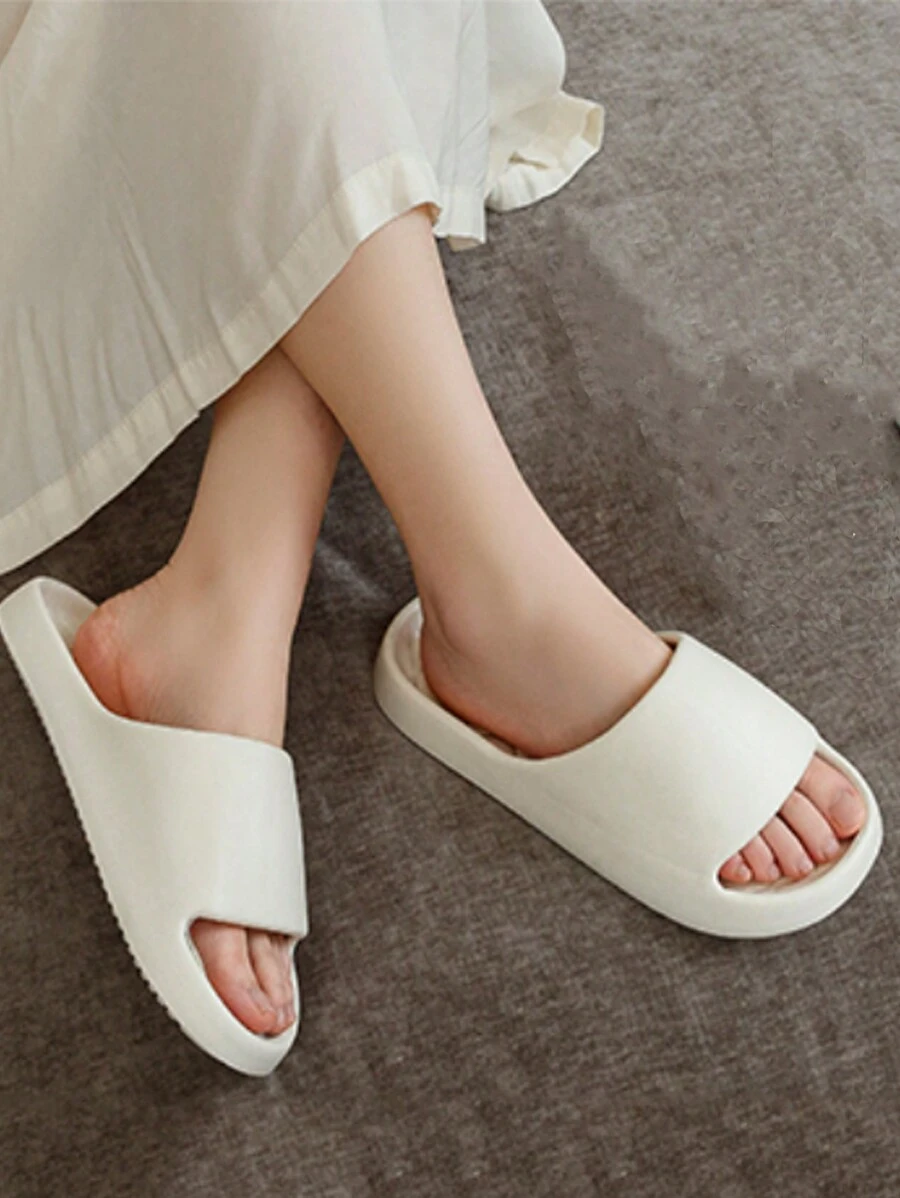 1 đôi dép đi trong nhà tắm đế bằng cho nữ, dép đi trong nhà/văn phòng chống trượt, đế EVA mềm thời trang, thoải mái và nhẹ - trắng - Xem 1