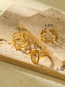 3pcs/Set Stainless Steel Gold-Tone Fashionable Woven Style Open Ring Set, 3 Different Designs, Suitable For Daily Wear Or Gift Giving - Yellow Gold - View 4